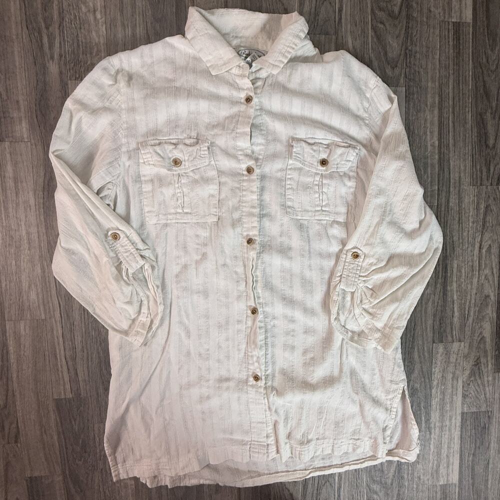 Pamela Stewart Womens XL White Button Front Cotton Roll Tab Sleeve Casual Shirt